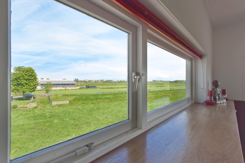 Panther Professional 1 Großes Fenster mit Blick auf grüne Wiesen, Bauernhof und blauen Himmel, innen mit Holzfensterbank und Buddhafigur.