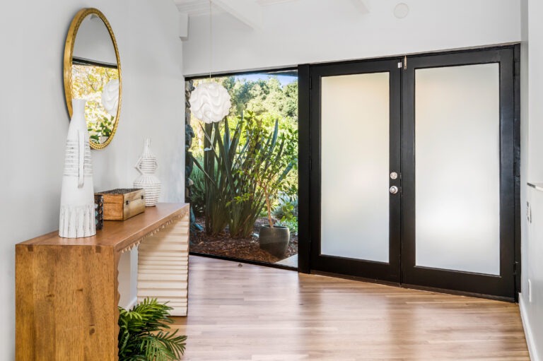 Moderner Eingangsbereich mit Glas-Haustür und stilvoller Einrichtung Heller Eingangsbereich mit schwarzen Glastüren, Holzboden und moderner Dekoration auf einer Holzkonsole.