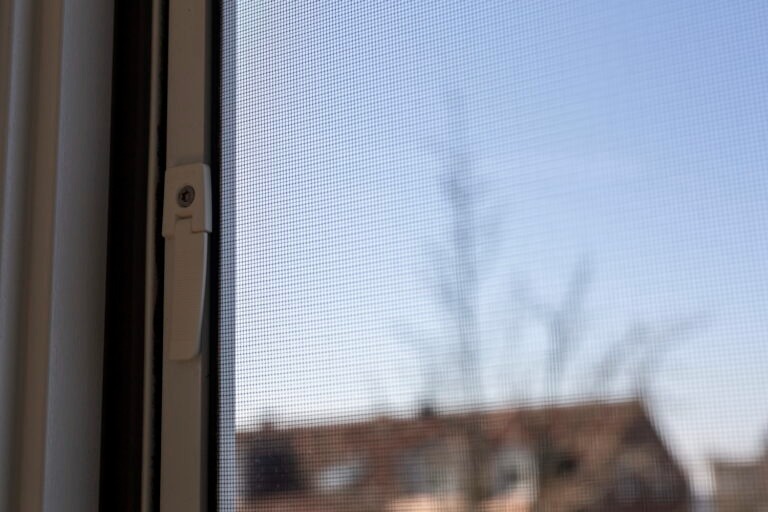 Neher 3 Fenster mit transparentem Insektenschutzgewebe, durch das Dächer und blauer Himmel sichtbar sind.